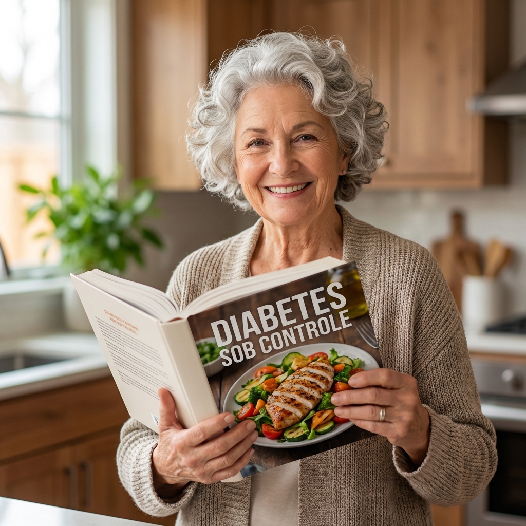 Senhora feliz segurando o livro Diabetes Sob Controle